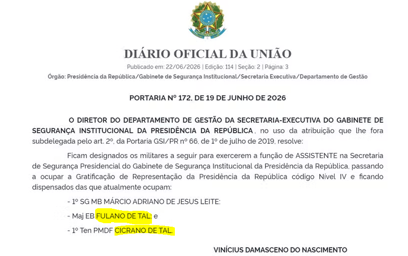 Governo Lula nomeia "Fulano" e "Cicrano de tal" como assistentes do Gabinete de Segurança Institucional