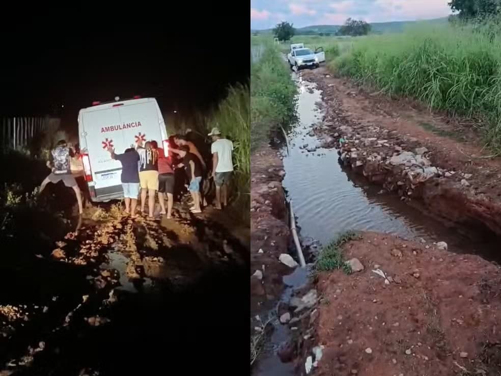 Idosa de 106 anos é transportada em rede até ambulância que atolou em estrada no RN