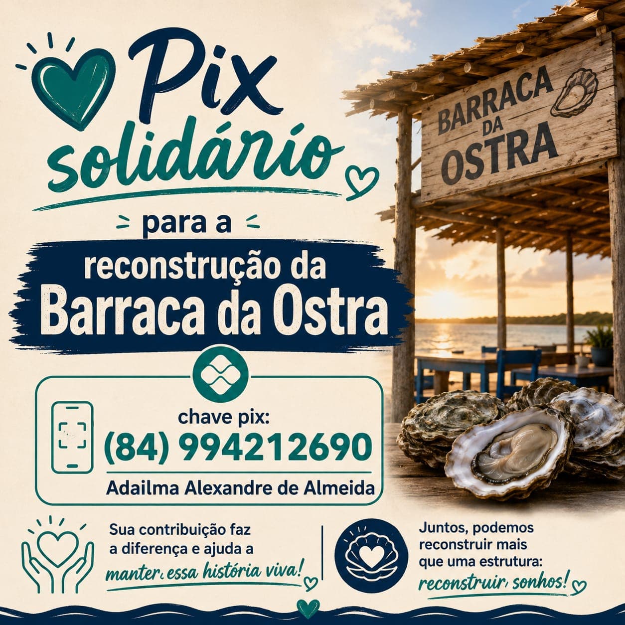 Campanha arrecada doações via Pix para reconstrução da Barraca da Ostra, na Lagoa de Guaraíras, após incêndio destruir estrutura