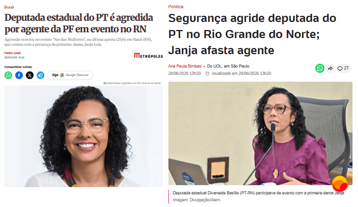 Agressão de integrante da segurança de Janja a deputada do PT em Natal durante evento pelo fim da violência contra as mulheres ganha destaque nacional