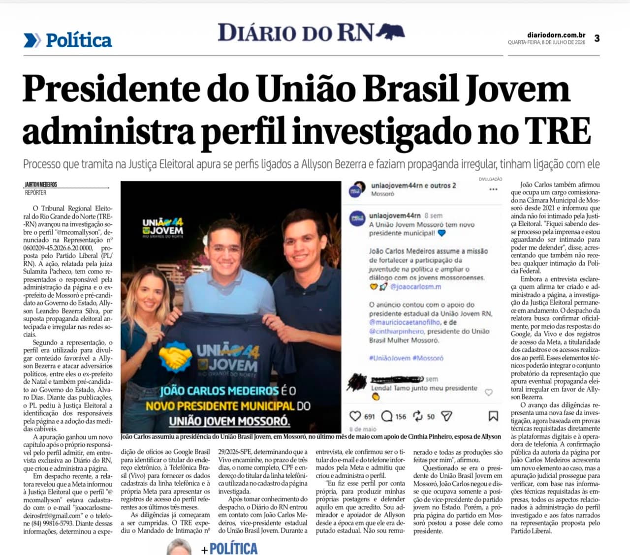 MILÍCIA DIGITAL: administrador de perfil investigado pelo TRE é ligado a Allyson Bezerra e preside União Brasil Jovem em Mossoró