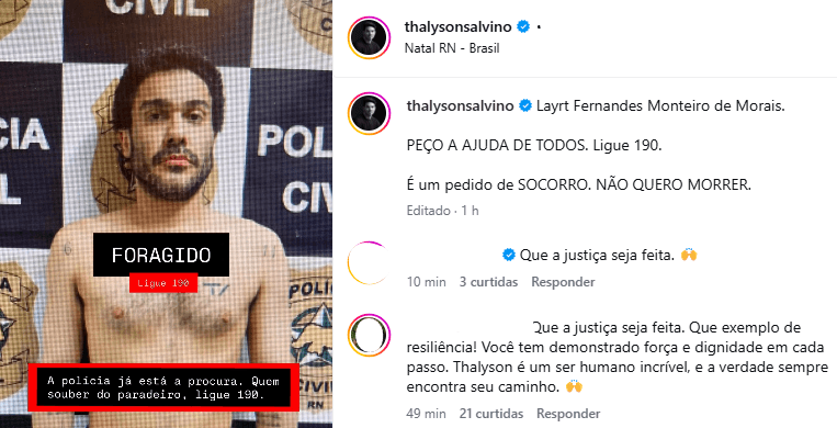 Cabeleireiro Thalyson Salvino faz ‘pedido de socorro' ao dizer que ex-companheiro está foragido após ter prisão decretada