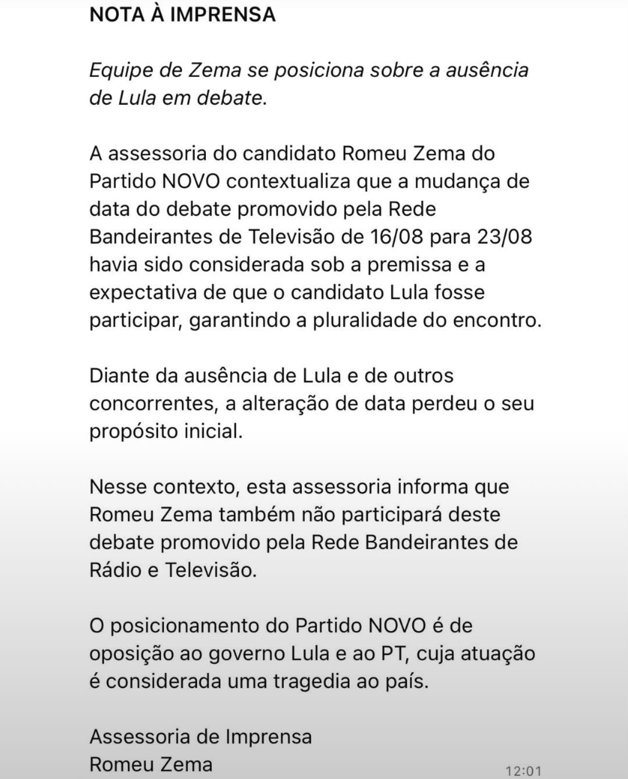 Zema desiste de debate na Band após ausência de Lula e Flávio Bolsonaro