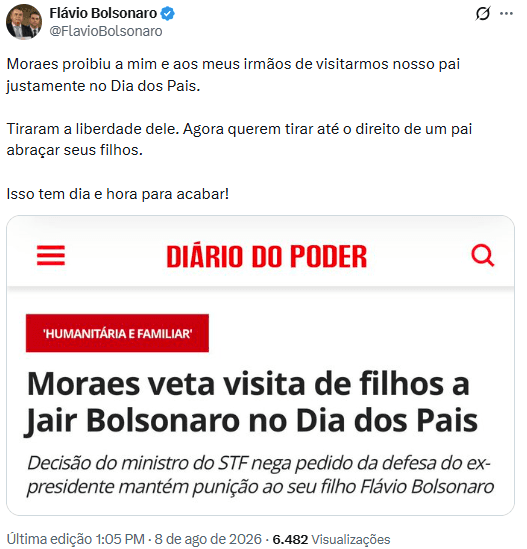 Flávio reage após Moraes negar visita a Jair Bolsonaro no Dia dos Pais: “Tiraram a liberdade dele. Agora querem tirar até o direito de um pai abraçar seus filhos"