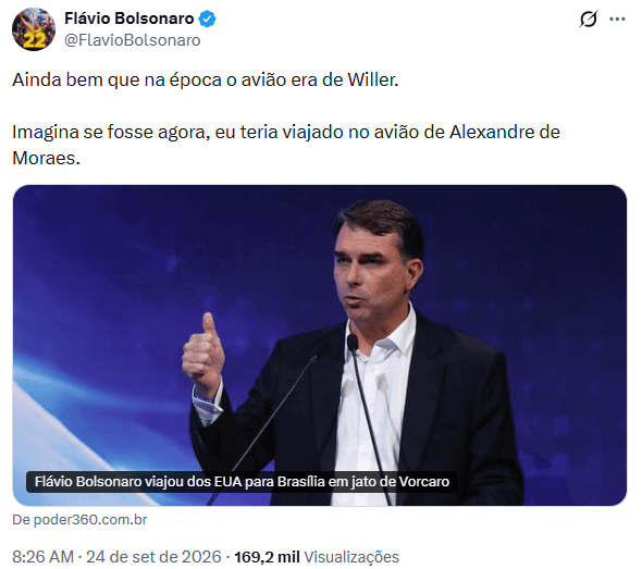 Flávio ironiza viagem em jatinho ligado a Vorcaro: “Imagina se fosse agora, eu teria viajado no avião de Alexandre de Moraes”