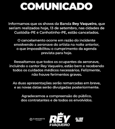 Após acidente com avião, Rey Vaqueiro cancela shows e diz em comunicado que ocupantes da aeronave estão bem e sem ferimentos graves