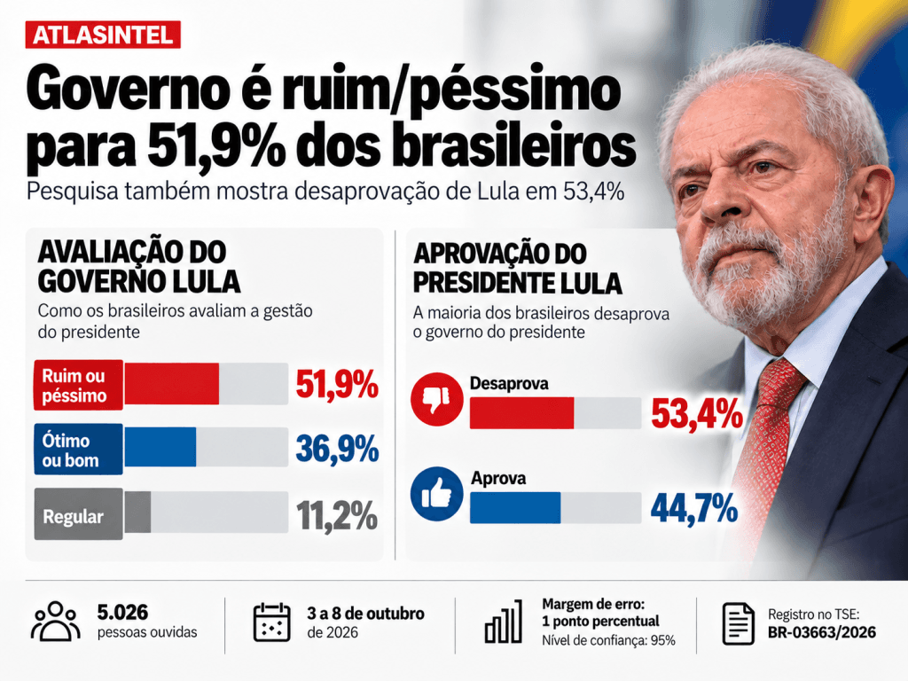 ATLASINTEL: Desaprovação de Lula chega a 53,4% e 51,9% avaliam governo como ruim ou péssimo