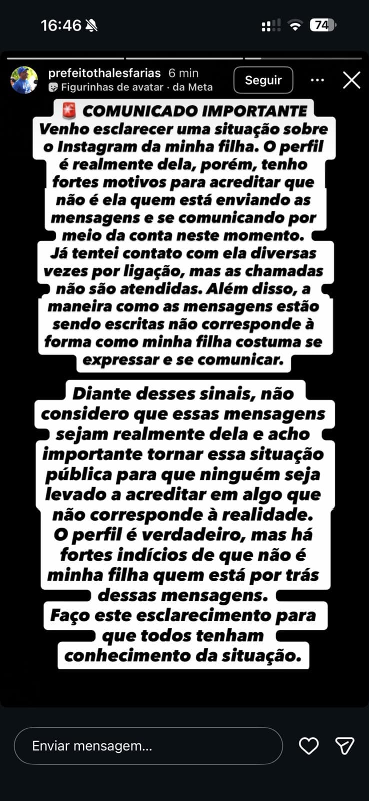 Após filha ser raptada e levada para Portugal, prefeito de Coronel Ezequiel-RN diz que perfil da jovem no Instagram está sendo controlado por terceiros