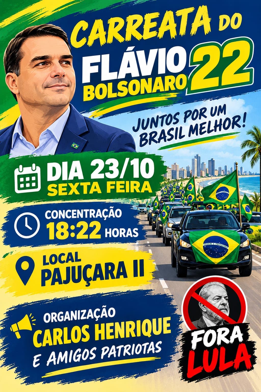 Apoiadores fazem carreata pró-Flávio Bolsonaro na sexta-feira (23) em Natal, com concentração no Conjunto Pajuçara II