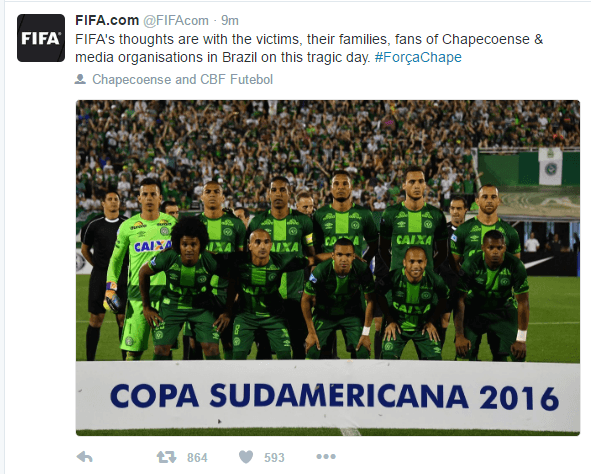 Fifa lamenta acidente com avião da Chapecoense: "Dia trágico"