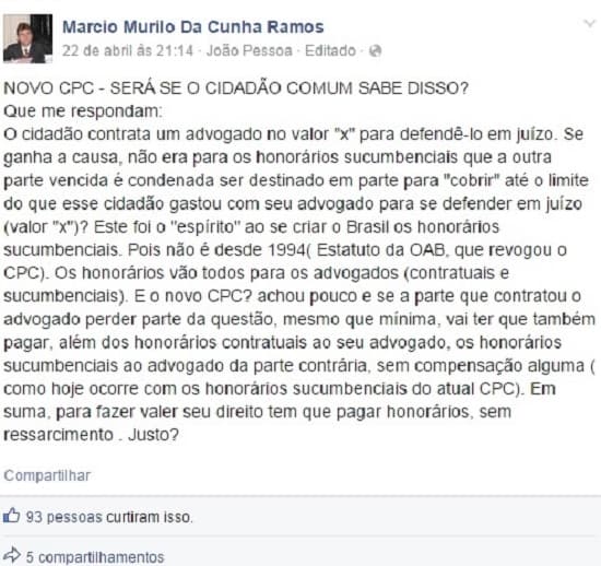 Desembargador critica no Facebook pagamento de honorários sucumbenciais aos advogados