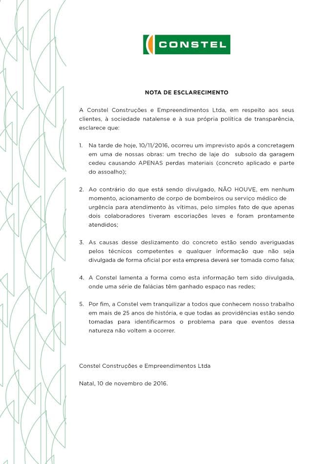 Constel solta nota esclarecendo deslizamento em obra