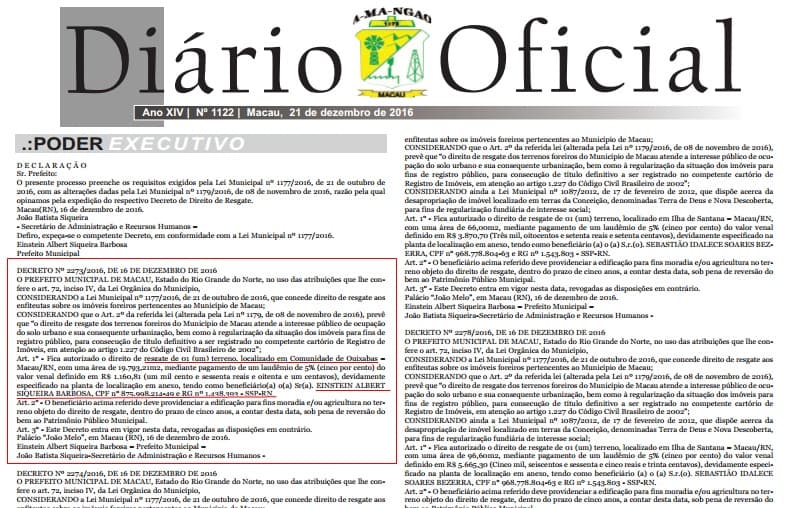 MACAU: Dez dias antes de deixar administração, ex-prefeito doa terreno do município para ele mesmo