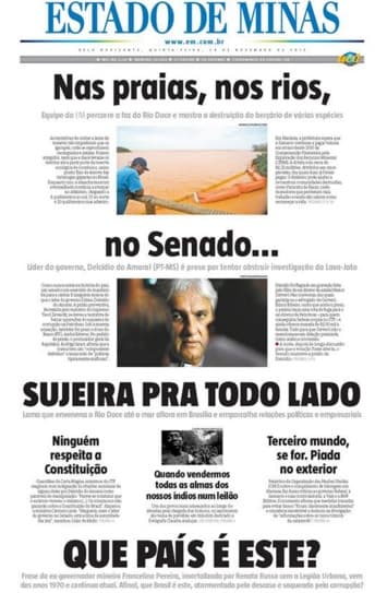 FOTO: Capa do Estado de Minas com "Nas praias, nos rios, no Senado, sujeira para todo lado. Que país é este?" ganha repercussão
