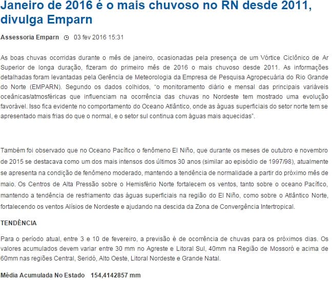 RN tem o mês de janeiro mais chuvoso desde 2011