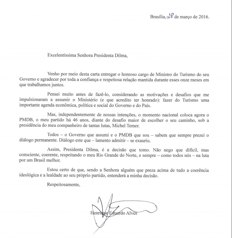 Henrique Alves pede exoneração do cargo de Ministro do Turismo
