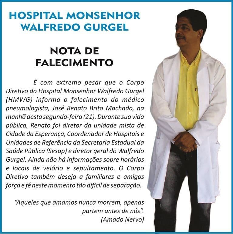 Hospital Walfredo Gurgel emite nota de pesar pelo falecimento do médico pneumologista, José Renato Brito Machado