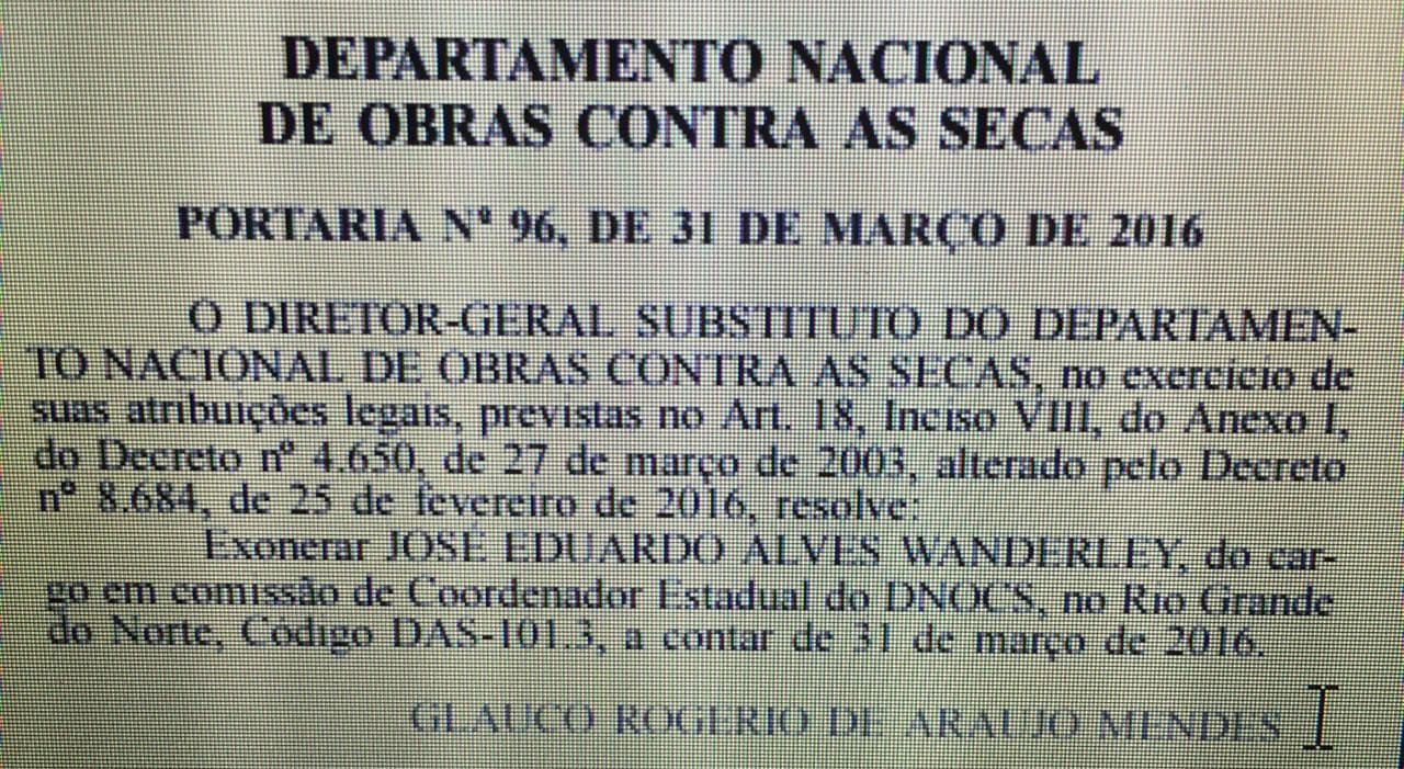 Sobrinho de Henrique Alves é exonerado na direção do Dnocs no RN, informa Diário Oficial da União