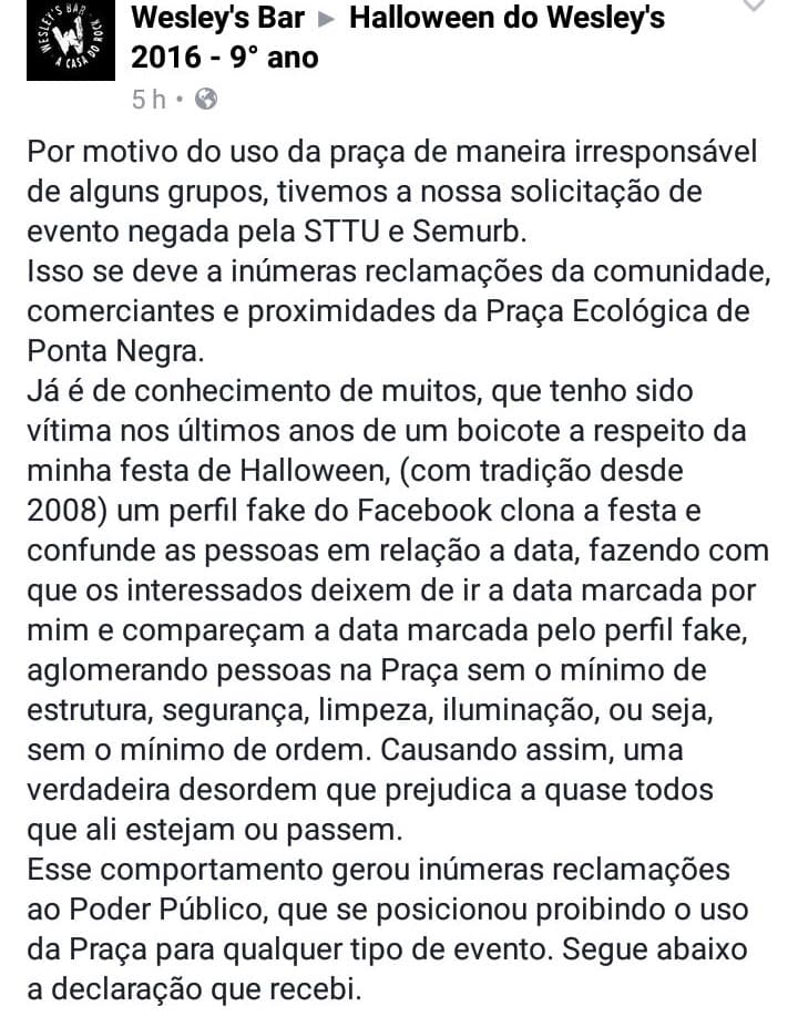 Proprietário de bar decide adiar festa de Halloween neste sábado em Ponta Negra