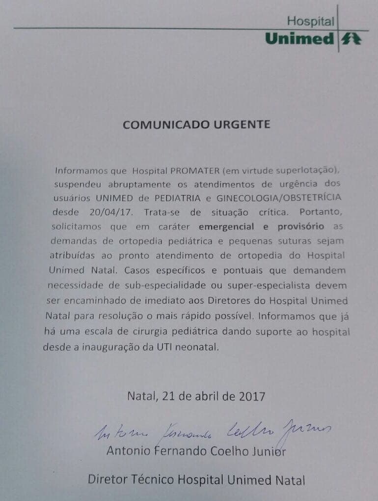 Promater suspende atendimento de emergência de usuários da UNIMED