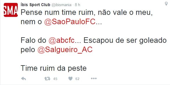 Twitter do Íbis Sport Club: "Time ruim da peste", sobre o ABC após jogo contra o Salgueiro-PE