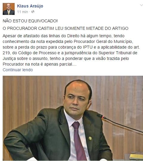 Klaus rebate procurador -geral e afirma que há, sim, erro na cobrança do IPTU: "não sou irresponsável nem estou equivocado