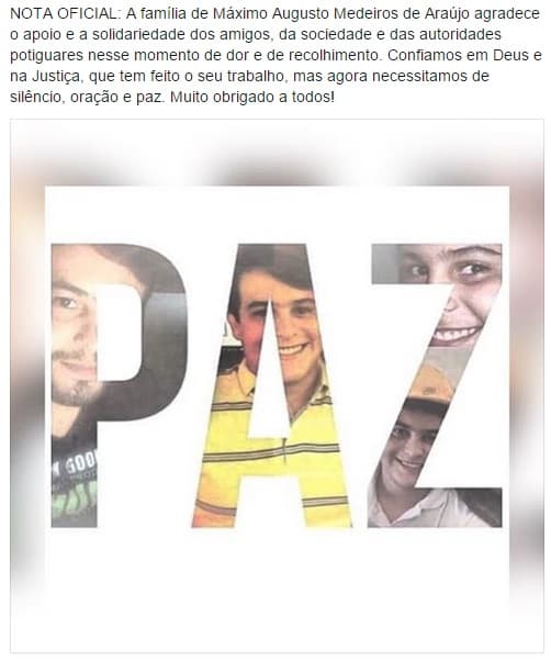 Família de Máximo solta nota agradecendo apoio e solidariedade