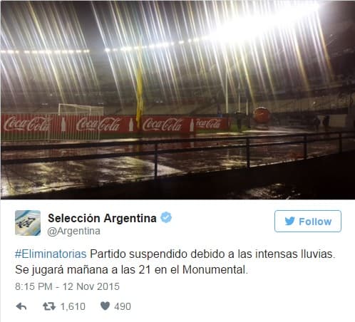 URGENTE: Com "dilúvio" em Buenos Aires, jogo entre Argentina e Brasil é adiado para esta sexta