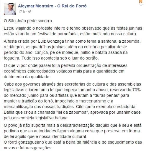 ALCYMAR MONTEIRO: "Festa juninas estão virando um festival de pornofonia. Estão mutilando nossa cultura. O São João pede socorro"