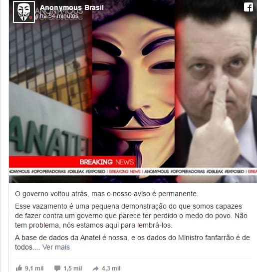 Anonymous publica dados de Kassab e da Anatel na internet, e manda recado: "O governo voltou atrás, mas nosso aviso é permanente"