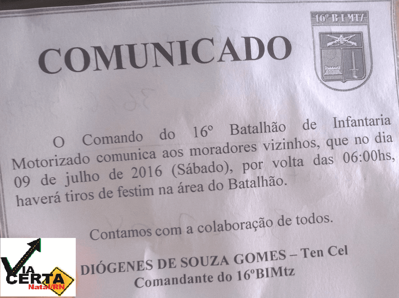 16º Batalhão de Infantaria Motorizado avisa sobre tiros de treinamento na região do Tirol na manhã deste sábado