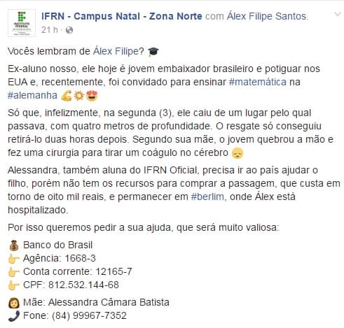 AJUDE: Corrente do bem em Natal para levar mãe ao encontro do filho, ex-aluno do IFRN, hospitalizado na Alemanha