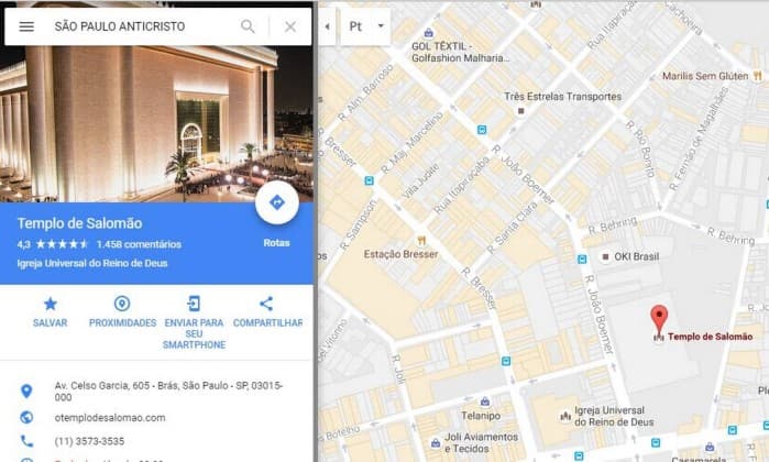 Google dá endereço do Templo de Salomão em busca por ‘Anticristo'; Igreja Universal já pediu que seja removido