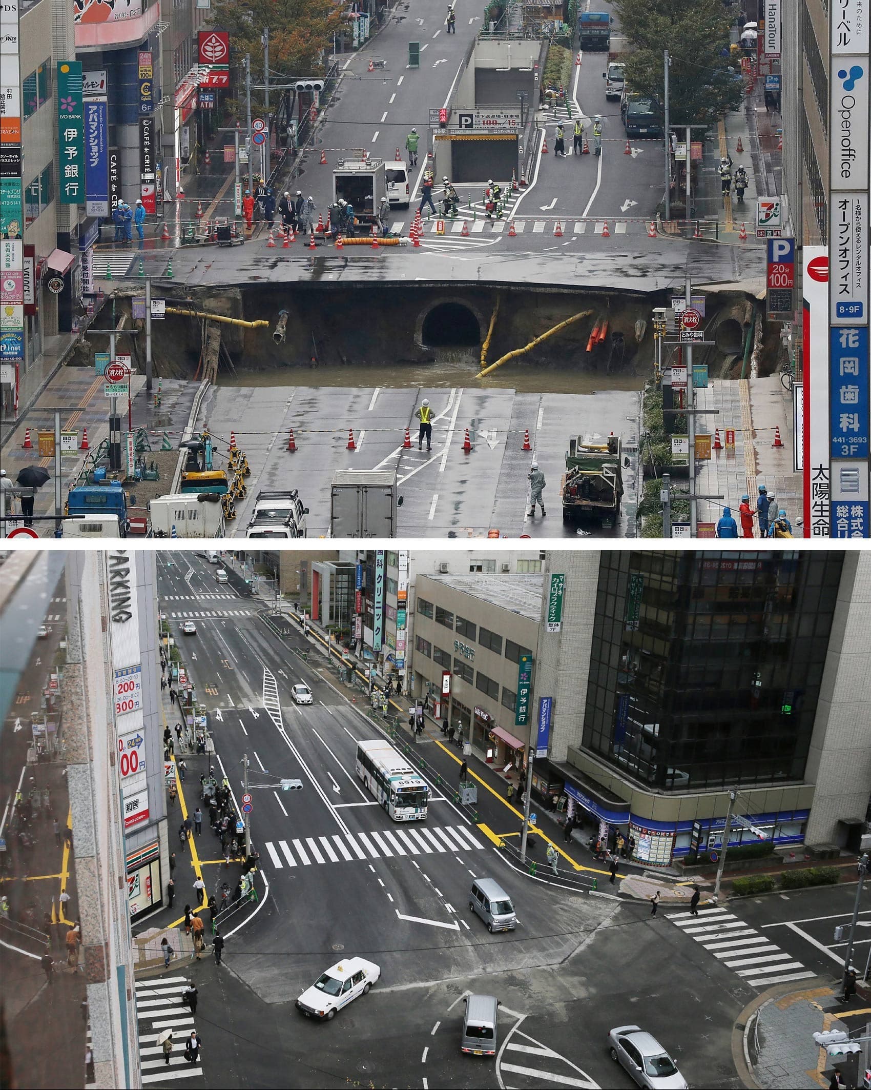 EFICIÊNCIA - (FOTOS): Cratera imensa em via no Japão é consertada em uma semana