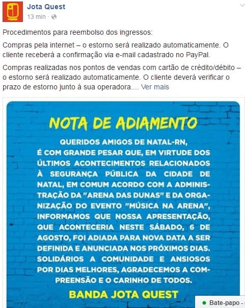 SEM SHOW: Jota Quest cancela apresentação em Natal após onda de violência