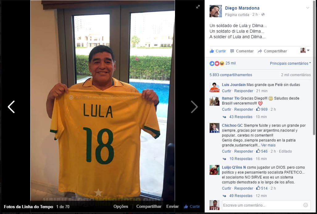 Maradona divulga FOTO com camisa de Lula e mensagem de apoio a Dilma; veja