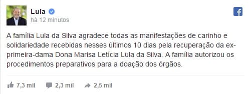 Ex-primeira-dama Marisa Letícia tem morte cerebral em SP após AVC; família autoriza doação de órgãos