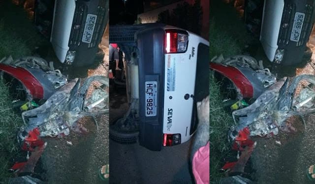 FOTOS: Motorista tenta desviar buraco na pista, colide com motociclista e capota em Mossoró