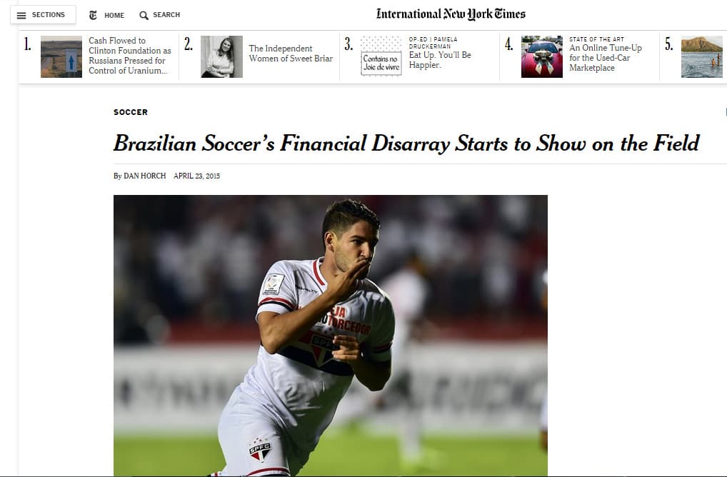Deu no ‘New York Times' (FOTO): Futebol brasileiro está perto da falência