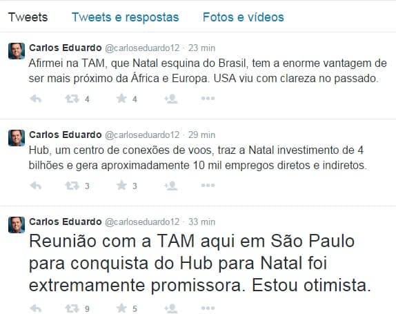 Após reunião com a TAM em SP, Carlos Eduardo diz que sai otimista para conquista do Hub para Natal