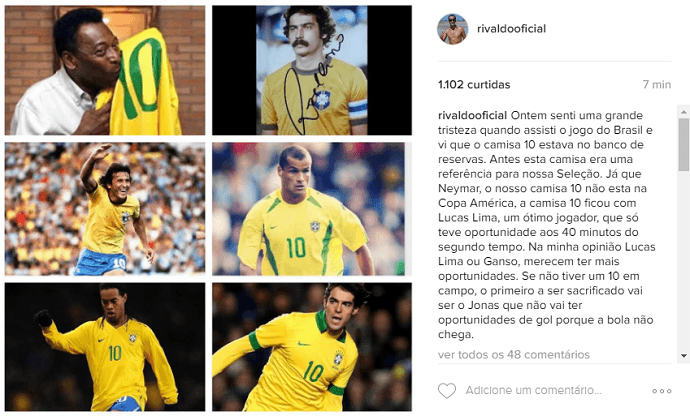 Rivaldo critica "camisa 10 no banco" e pede espaço para Lucas Lima e Ganso