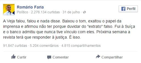 Romário se contradiz sobre conta na Suíça