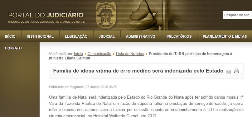 TJRN: Família de idosa vítima de erro médico será indenizada pelo Estado
