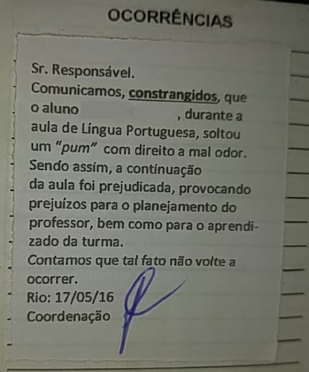 Colégio do Rio repreende aluno por soltar ‘pum' na sala e atrapalhar a aula