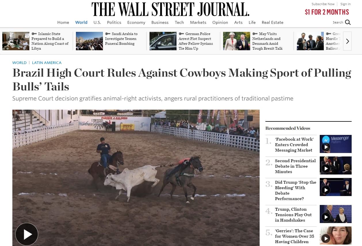 ‘Wall Street Journal’ aborda polêmica proibição da vaquejada no Brasil