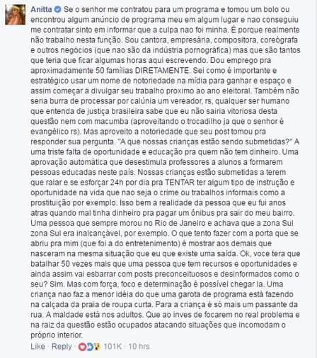 Vereador se desculpa por post; resposta de Anitta bomba na web