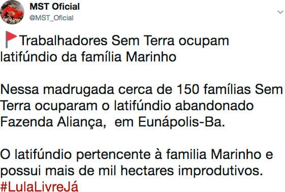 MST ocupa fazenda pertencente a Família Marinho, da Globo