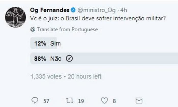 Ministro do STJ faz enquete polêmica no Twitter sobre intervenção militar