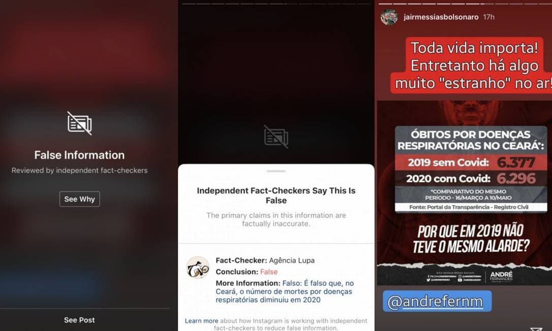Instagram marca como falsa informação publicada no perfil de Bolsonaro sobre mortes por Covid-19