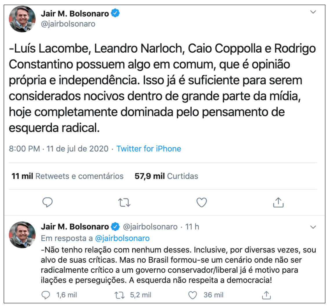 "ESQUERDA NÃO RESPEITA DEMOCRACIA: Bolsonaro diz que comentaristas são perseguidos por não serem radicais contra seu governo